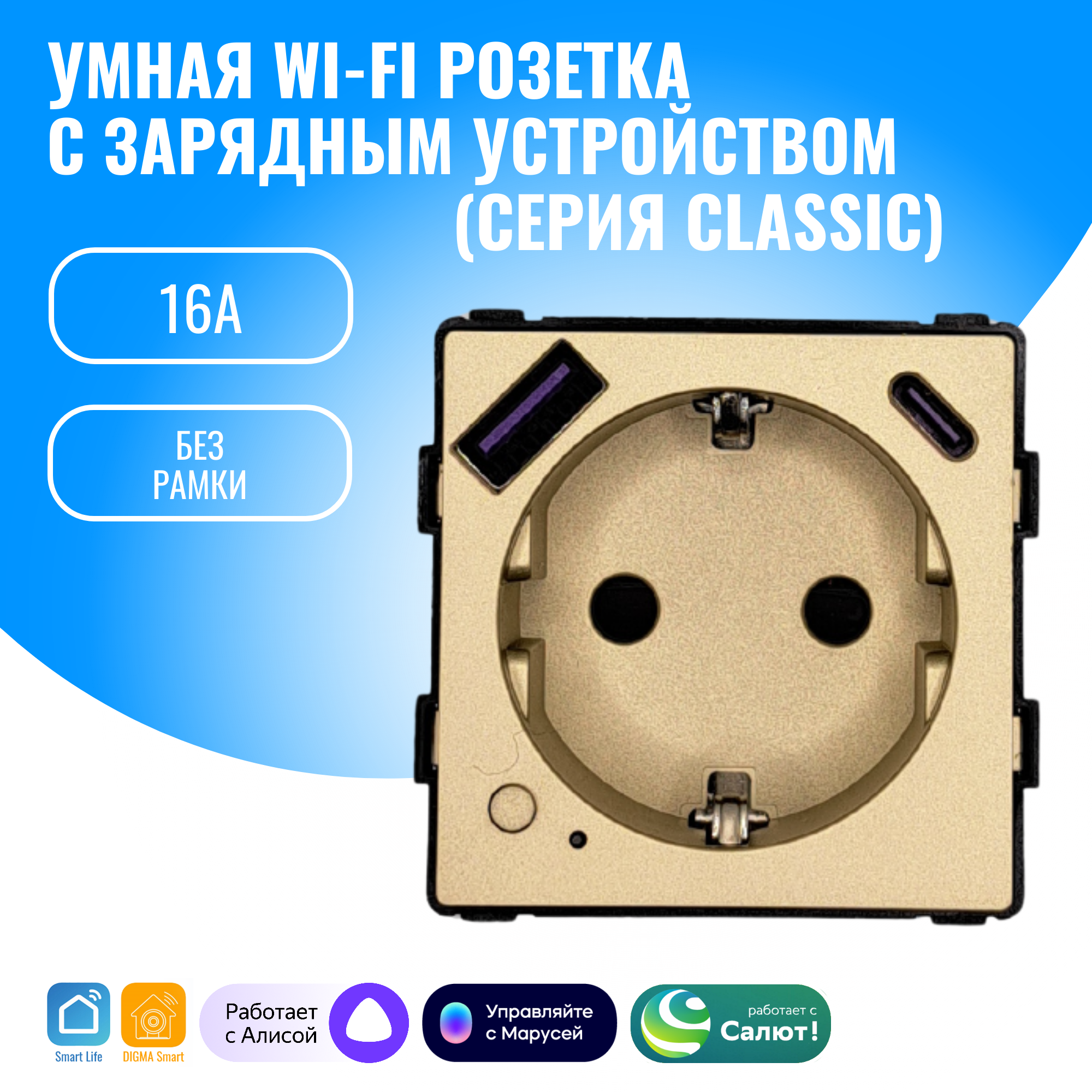 Умная WiFi розетка встраиваемая с USB и Type-C Smart Aura модуль без рамки (золотой)