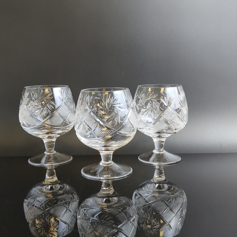 Бокалы для коньяка набор из 3 штук хрустальные, алмазная грань, геометрический орнамент, винтаж СССР 1970-1990 гг