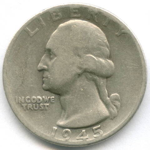 1/4 доллара 1945 (без знака - Philadelphia). США. Серебро F-VF