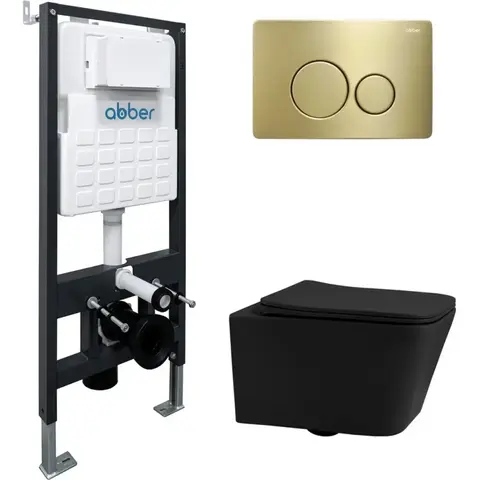 Abber AC1201MB-AC0105-AC0121MMG Комплект подвесной Унитаз Abber Rechteck AC1201MB черный матовый с инсталляцией AC0105 и кнопкой AC0121MMG золото матовое