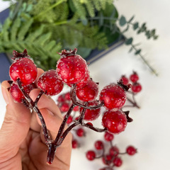 №2 Ягоды Шиповника зонтиком в сахарной обсыпке, на ветке 9 ягод по 15 мм, набор 5 шт.