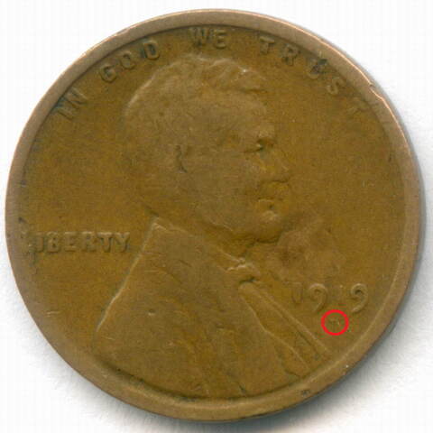 1 цент 1919 год (без знака - Philadelphia). США. Пшеничный цент. Бронза F-VF