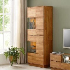 Шкаф витрина стеклянная Паво из массива дуба с подсветкой / буфет для посуды и книг в гостиную с закаленным стеклом / четырехдверный