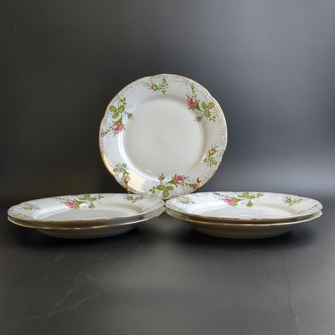 Тарелки для порционных салатов и десертов набор 5 штук, фарфор, рисунок розы, золочение, Польша Chodziez, винтаж времен СССР 1964-1990 гг