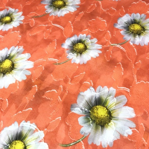 Ткань хлопок фил-купе ромашки в оранжевом цвете 2002