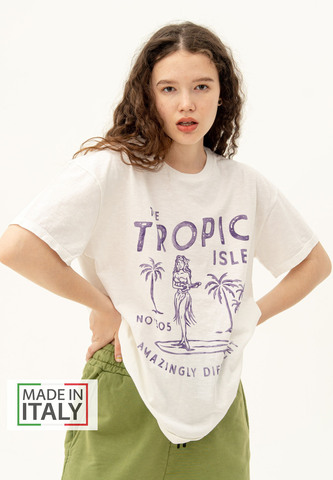 Футболка со спущенным плечом Bowery NYC "Tropic Isle" Optic White