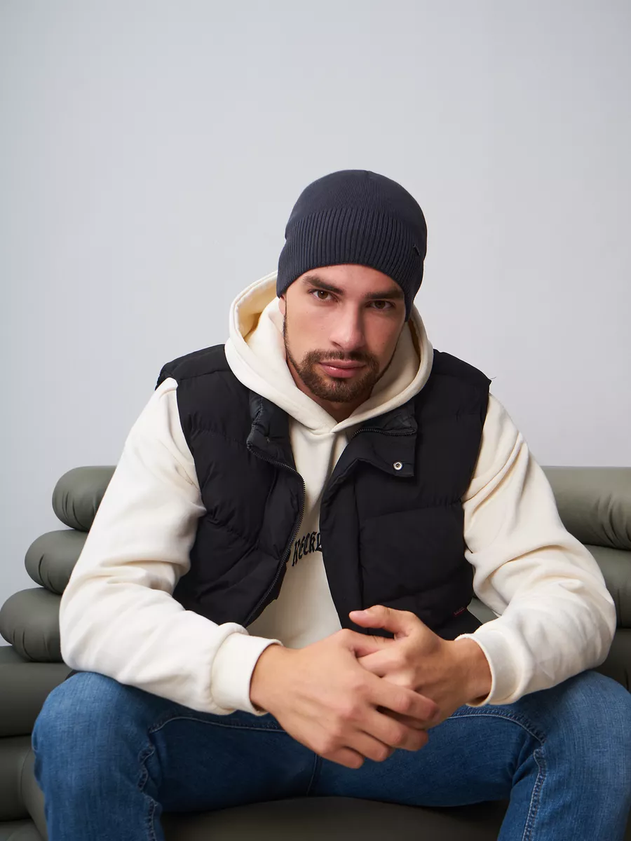 Шапка зимняя на флисе вязаная бини