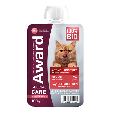 AWARD Special Care Active longevity консервы для пожилых кошек старше 7 лет курица с говядиной 100 г