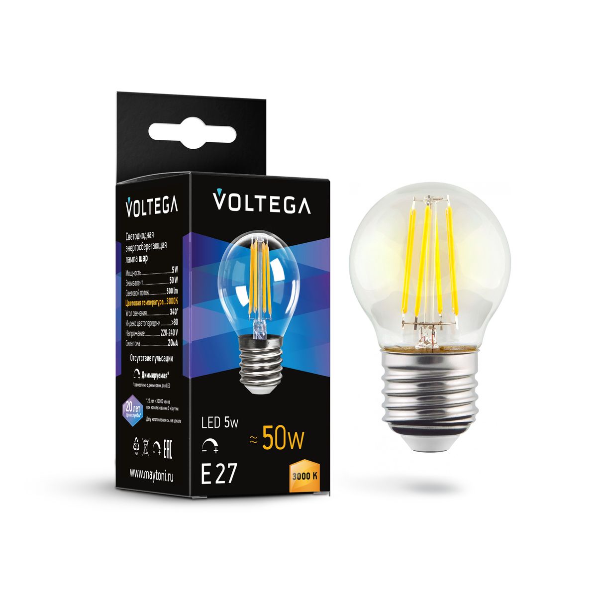 Лампа светодиодная диммируемая Voltega E27 5W 3000К прозрачная 7202
