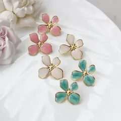 Серьги пусеты Цветы с эмалью, розовый, 30*27 мм, сталь, позолота, СГ027