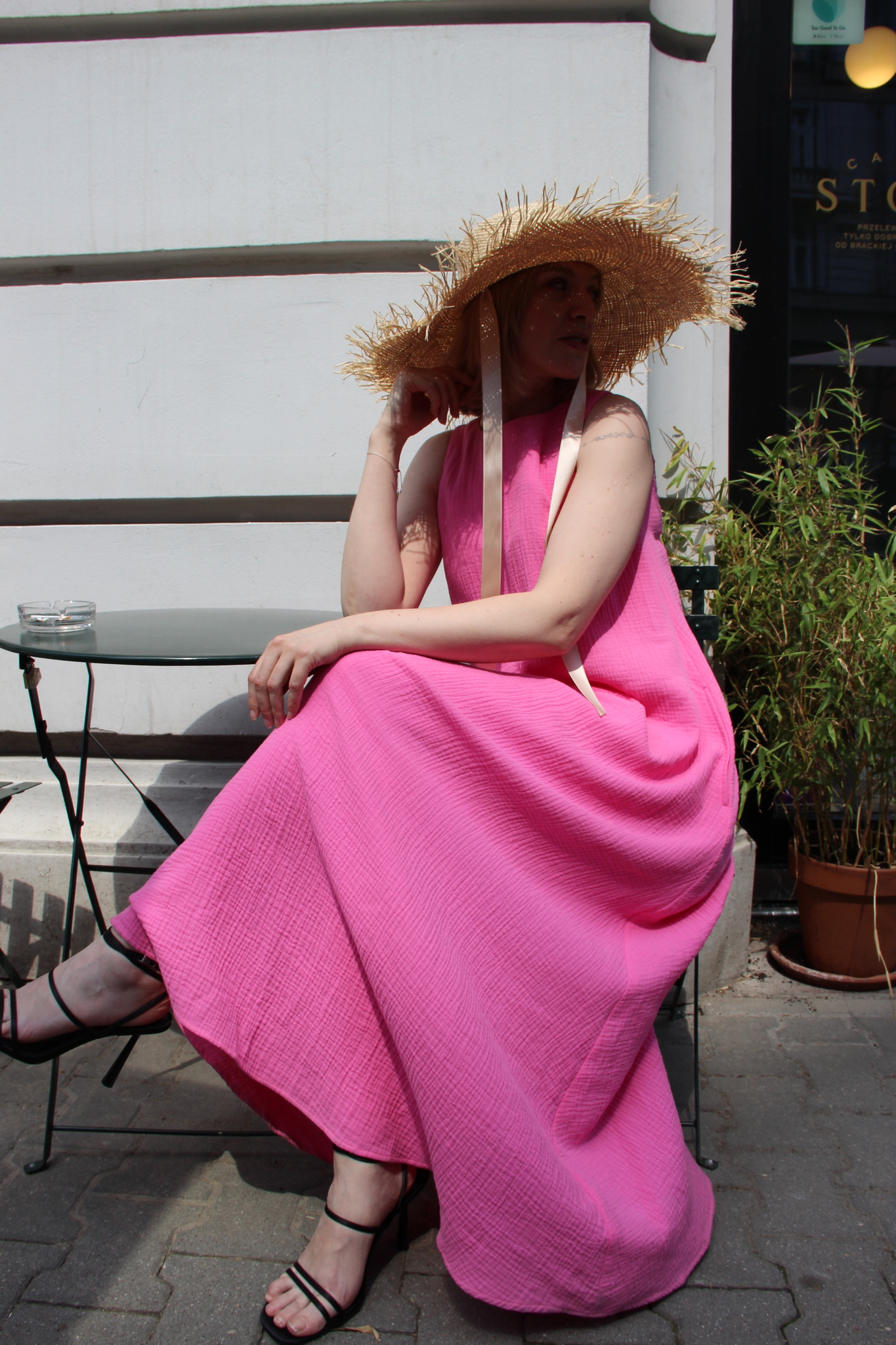 Платье летнее, базовое из муслина, с боковыми карманами, длина макси, розовый