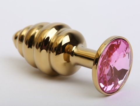 Золотистая ребристая анальная пробка с розовым стразом - 7,3 см. - 4sexdreaM 47425