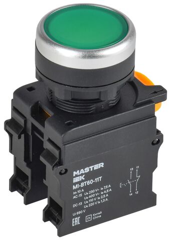 Кнопка с фиксацией d=22мм 1NO+1NC зелёная MASTER IEK