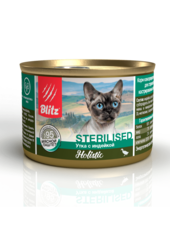 Влажный корм консервы Blitz Holistic Sterilised Cat Duck & Turkey «Утка с индейкой» мясной паштет для стерилизованных кошек 24шт 200гр