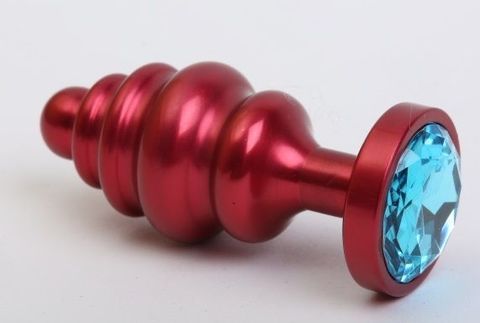 Красная ребристая анальная пробка с голубым стразом - 7,3 см. - 4sexdreaM 47426-1