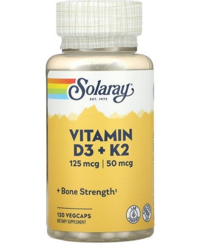 Solarey, витамины D3 и K2, без сои, 120 вегетарианских капсул