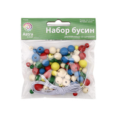 Набор деревянных бусин со шнуром, яркий/натур. микс, 6,8,10,12мм, 21гр, 90шт/упак, Astra&Craft