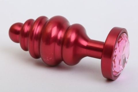 Красная ребристая анальная пробка с розовым стразом - 7,3 см. - 4sexdreaM 47426