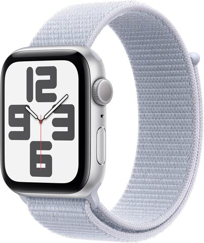 Умные часы Apple Watch SE 2024 44 мм из алюминия серебристого цвета, нейлоновый браслет дымчато-голубого цвета