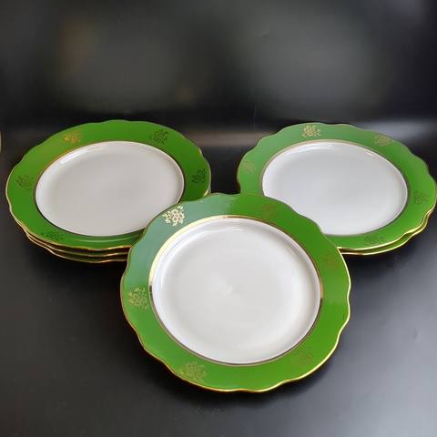 Тарелки под горячее набор из 6 штук Дулево ФЗ, изумрудное крытье, золотой декор, позолота, d- 23.5 см, винтаж СССР 1968-1991 гг