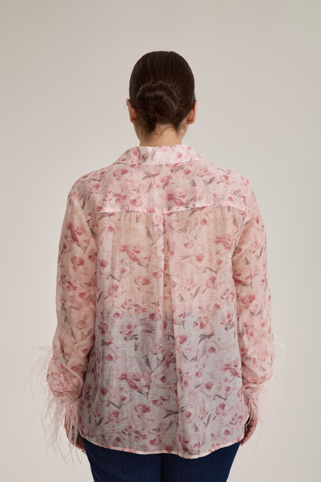 Блузка из тенселя с перьями, цветочный принт, розовый