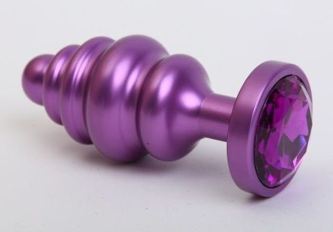 Фиолетовая ребристая анальная пробка с фиолетовым кристаллом - 7,3 см. - 4sexdreaM 47429-5