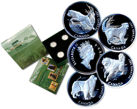 Набор из 4 монет Канада 50 центов 1997 год. Канадские собаки. Породы собак. Серебро
