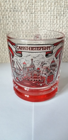 Кружка  стекло 300 мл с видами Петербурга, с красным цветом, с цветным дном, с гранями арт 2028