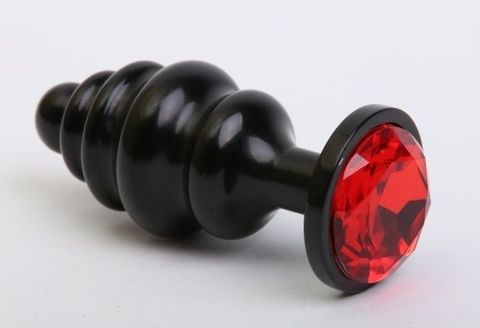 Чёрная ребристая анальная пробка с красным кристаллом - 7,3 см. - 4sexdreaM 47427-2