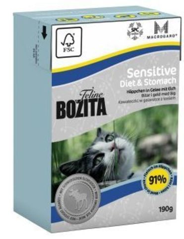 Bozita консервы для кошек с чувств. пищ., пожилых и с избыточн. весом кусочки в желе с лосем 190г