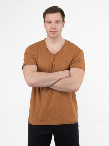 Мужская футболка «Великоросс» коричневого цвета V ворот