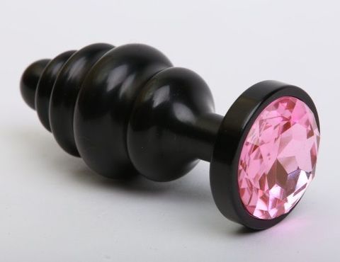 Чёрная ребристая анальная пробка с розовым кристаллом - 7,3 см. - 4sexdreaM 47427