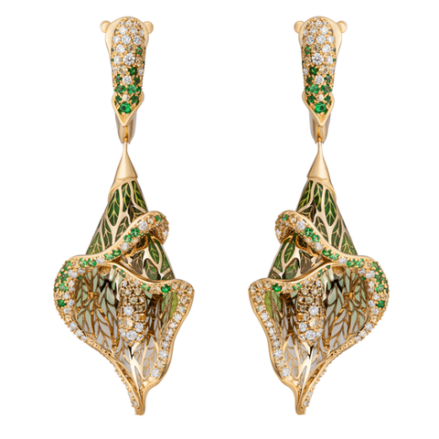 Серьги Желтыми Сапфирами, Цаворитами и Бриллиантами, Эмаль, E0275-7/2