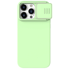 Чехол с MagSafe и с шелковистым покрытием ярко-зеленого цвета (Mint Green) от Nillkin для iPhone 15 Pro Max, серия CamShield Silky Magnetic Silicone Case