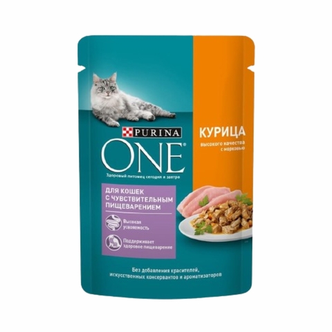 Корм PURINA ONE Влажный д/кошек с чувствит пищеварением Курица с морковью 75 г Nestle РОССИЯ