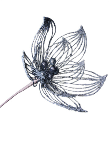 Веточка с цветком 19x52см ChristmasDeLuxe белая/олово