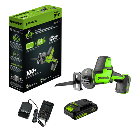 Пила сабельная акк. Greenworks GPT-CRS-25, 24V, б/щет, 0-3000/мин, рез 80 мм дер., LED, 1х2Ач,ЗУ,кор (1200507CUA)