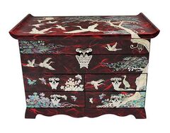 Шкатулка-комод Журавли ручной работы красная, Южная Корея 250х180х125мм