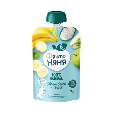 Пюре ФРУТО НЯНЯ яблоко-банан с творогом 90г