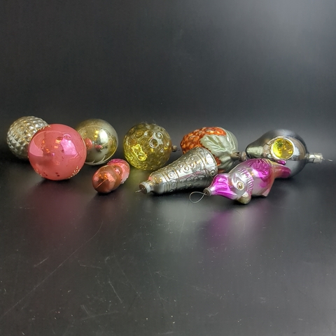 Ёлочные игрушки набор из 9 разных штук попугай, чипполино, колокольчик и шарики, стекло, роспись, узоры, подвесные, винтаж СССР 1970-1990 гг