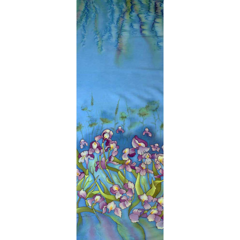 Шерстяной палантин батик Ирисы голубые  200x65 см