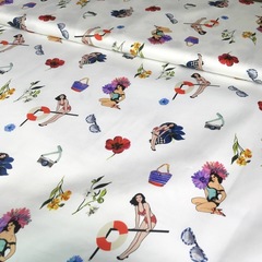Ткань хлопок  сатин с эластаном с Пинап белый фон 2003