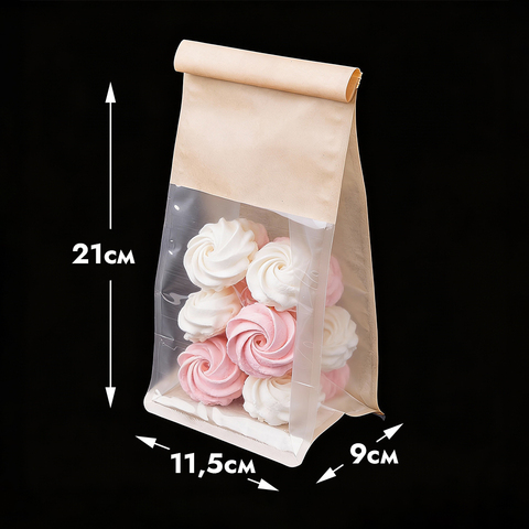 Пакет с прямоугольным дном 11,5*21*9 см с окном и зажимом, крафт