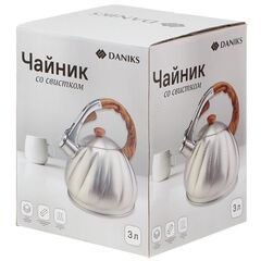 Чайник нерж, 3 л, свист, ручк бакелит в цв дерева, Daniks, GS-04571