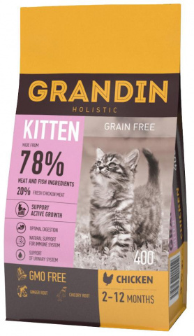 GRANDIN Kitten корм для котят в возрасте до 12 месяцев, беременных и кормящих кошек, с курицей 1,5 кг.