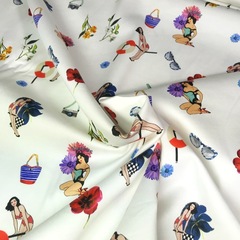 Ткань хлопок  сатин с эластаном с Пинап белый фон 2003