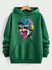 Толстовка худи "Кот в наушниках" зеленая