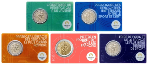 Набор из 5 монет 2 евро Франция 2022 г Летние Олимпийские игры 2024 в Париже. Метатель диска