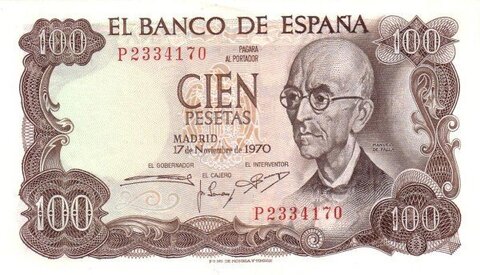 Банкнота 100 песет 1970 год, Испания. АUNC