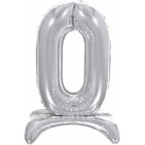 Фольгированная цифра 0, Серебряная на подставке, 81 см